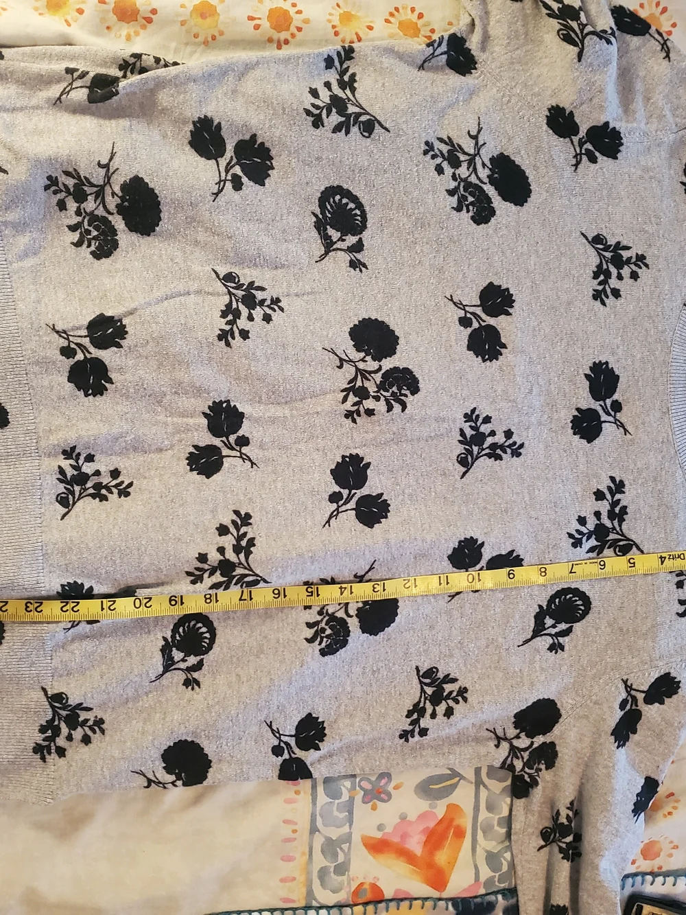 LOFT Gray Crewneck Sweater with Black Floral Print